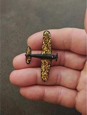 1980s Signed Pisces Matte Finish With Gold Glitter Accents Airplane Brooch